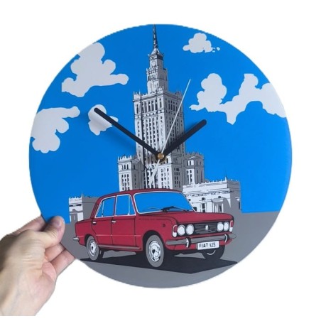 Zegar grafika Fiat 125p na tle Pałacu Kultury