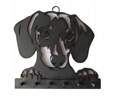 Wieszak na klucze w kształcie czarnego jamnika z ażurowymi otworami i haczykami na klucze