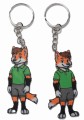 Tył breloków z liskiem Rusty 3D – dwie figurki pokazane tyłem w zielonych koszulkach i szarych spodenkach, z pomarańczowo-białym futerkiem, zawieszone na metalowych łańcuszkach i kółkach
